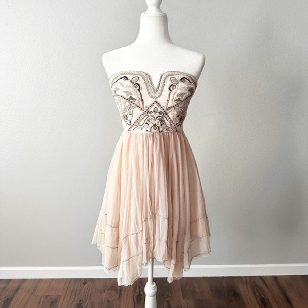 Free People Strapless Dress in Cream and Gold